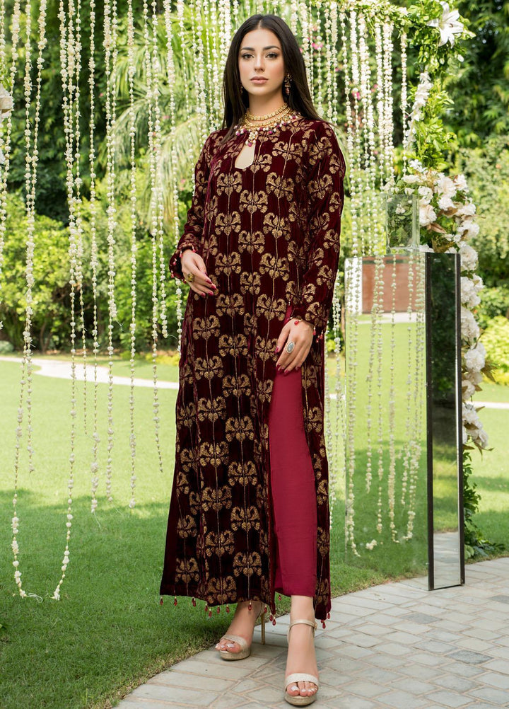 Naayas Luxury Pret  Velvet 2 Piece Dress NA22ELV Maroon Luxe