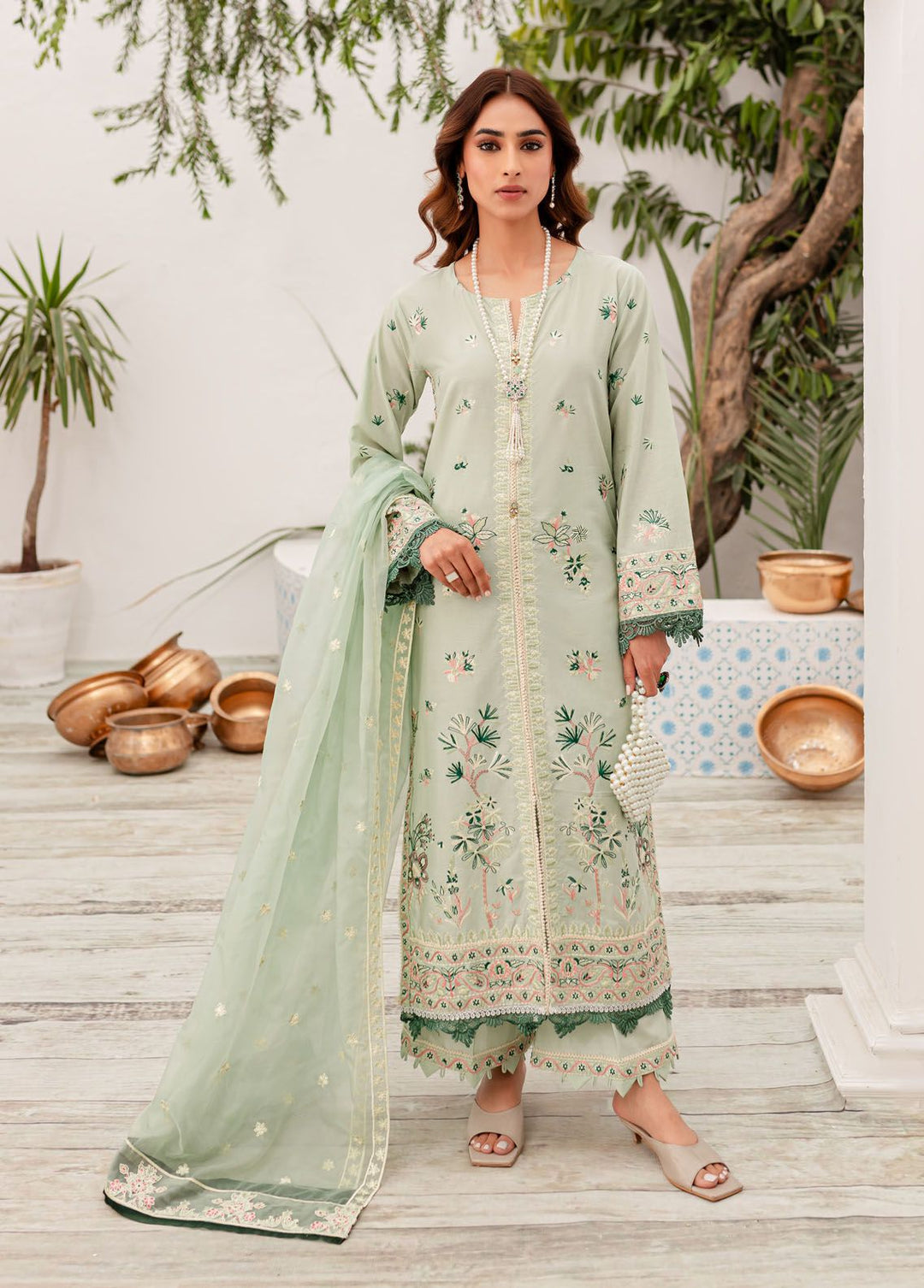 Naayas Embroidered Lawn Suits Unstitched 3 Piece NS24L Reem mint - Summer Collection