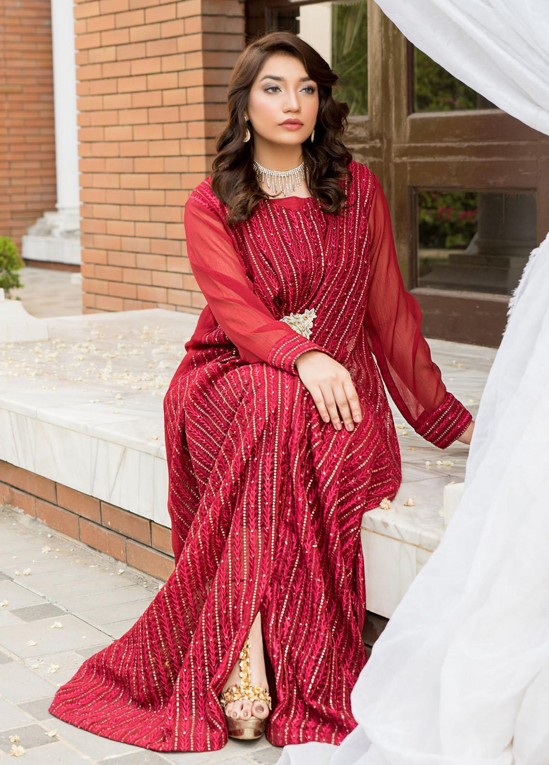 Naayas Luxury Pret  Chiffon Kaftan Sayara Red