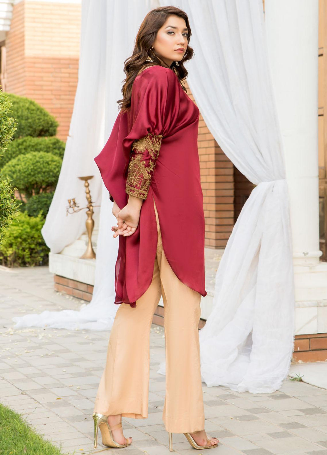 Naayas Luxury Pret  Silk Shirt Moroccan Maroon