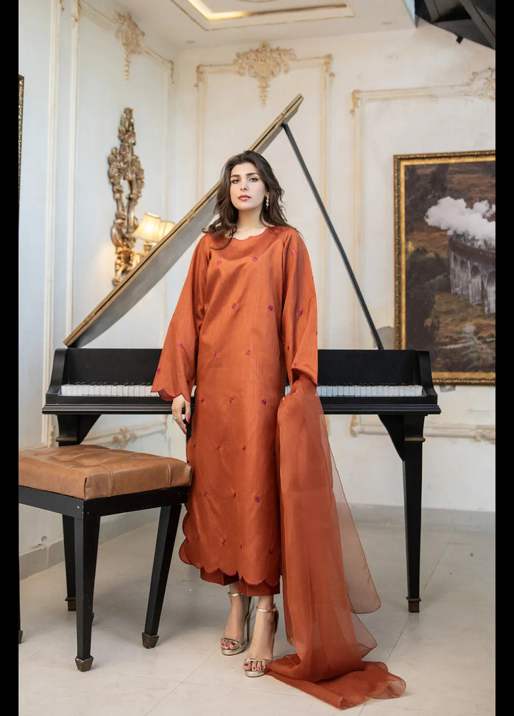 Naaz Couture Embroidered Pret Raw Silk 3 Piece Suit Rust