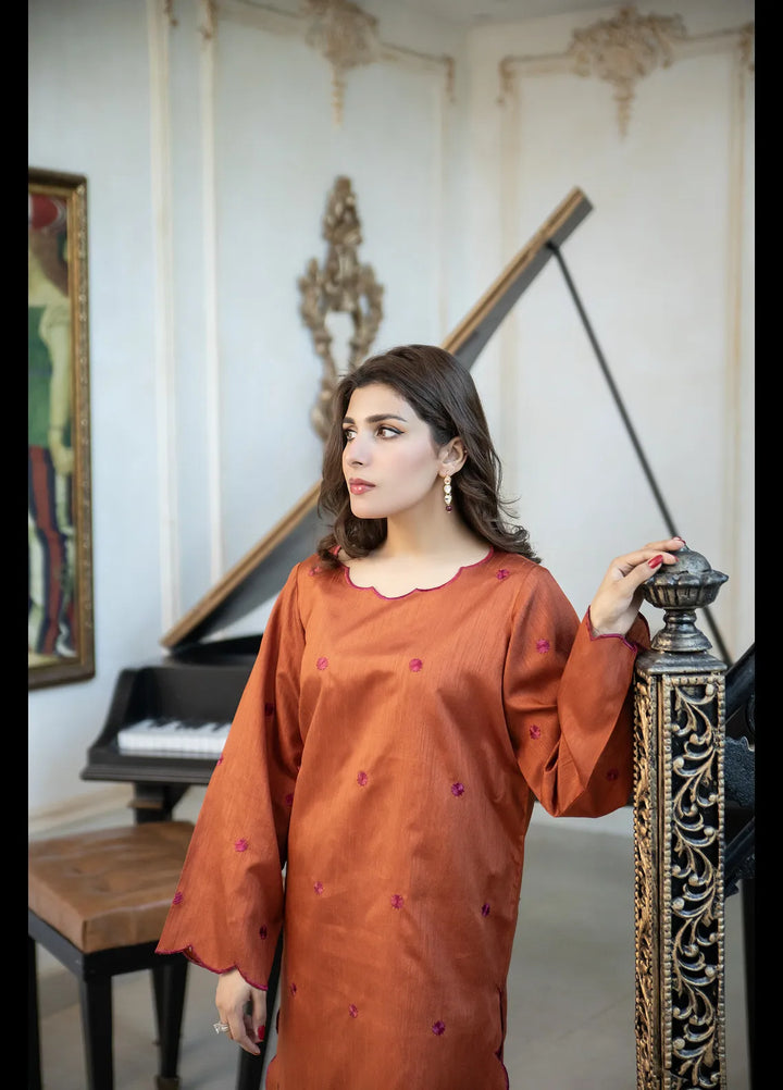 Naaz Couture Embroidered Pret Raw Silk 3 Piece Suit Rust