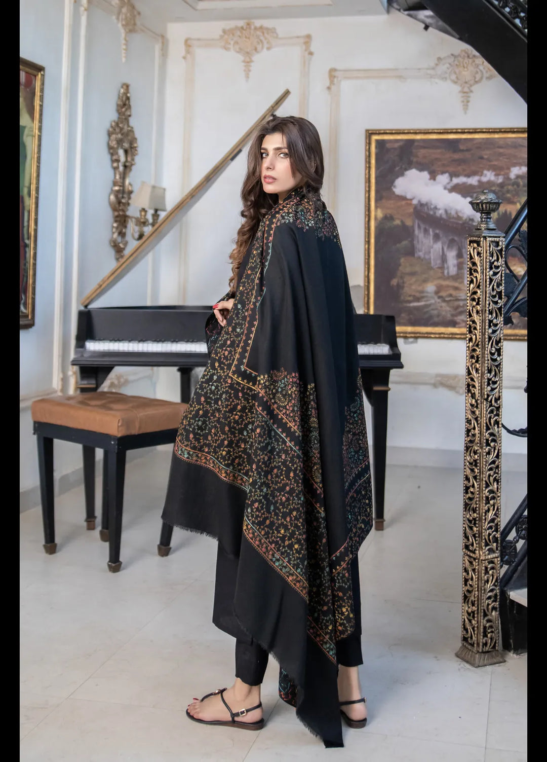Naaz Couture Embroidered Shawl Black Pashmina Wool