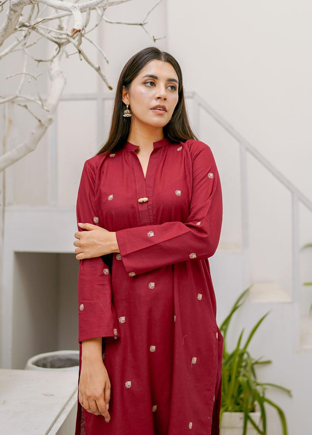 Naaz Couture Casual Pret  Khaddar 2 Piece Suit NC22WBE Crimson Maroon