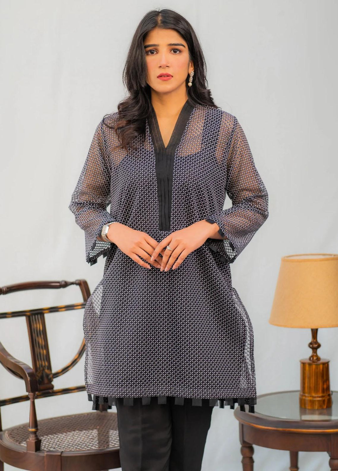Naaz Couture Casual Pret  Organza 2 Piece Dress NC22PE Esmeray- Monochromatic (B&W)