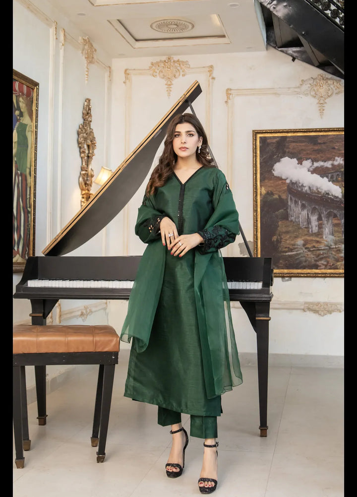 Naaz Couture Pret Embroidered Raw Silk 3 Piece Suit Bottle Green