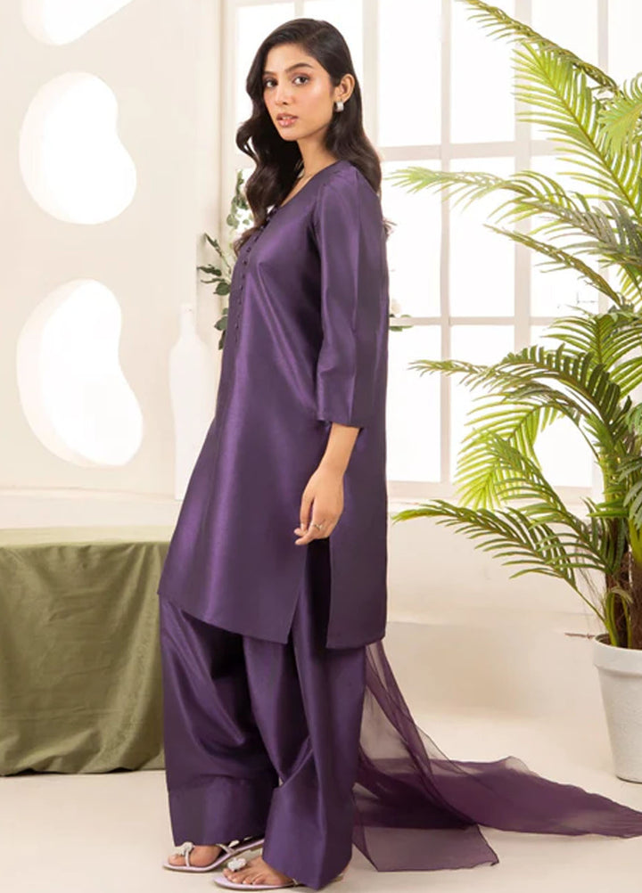 Naaz Couture Pret Embroidered Raw Silk 3 Piece Suit Farshi- Indigo Purple