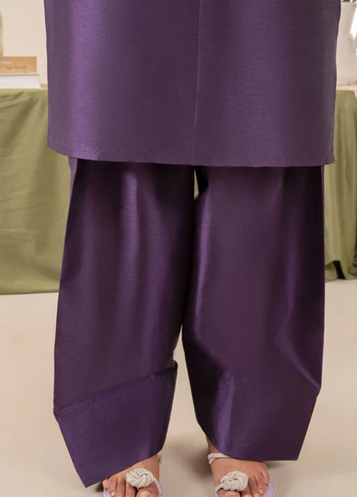 Naaz Couture Pret Embroidered Raw Silk 3 Piece Suit Farshi- Indigo Purple