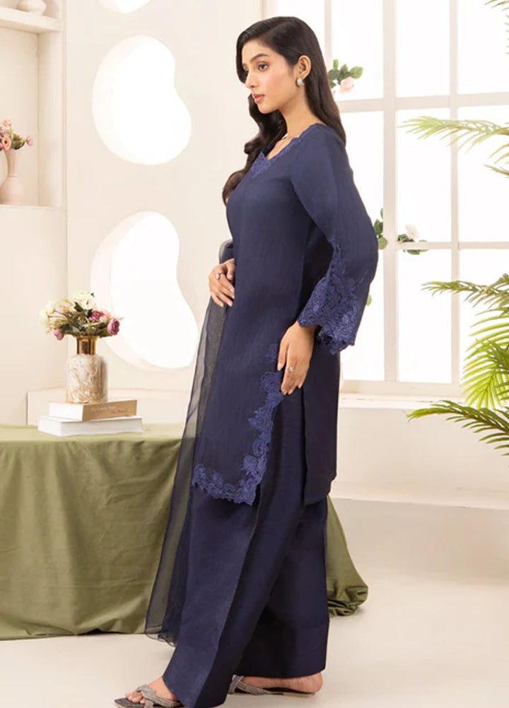 Naaz Couture Pret Embroidered Raw Silk 3 Piece Suit Farshi-Navy Blue