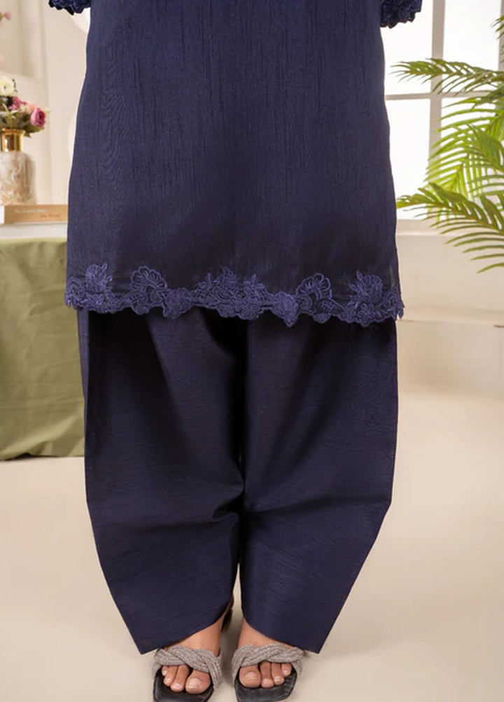 Naaz Couture Pret Embroidered Raw Silk 3 Piece Suit Farshi-Navy Blue