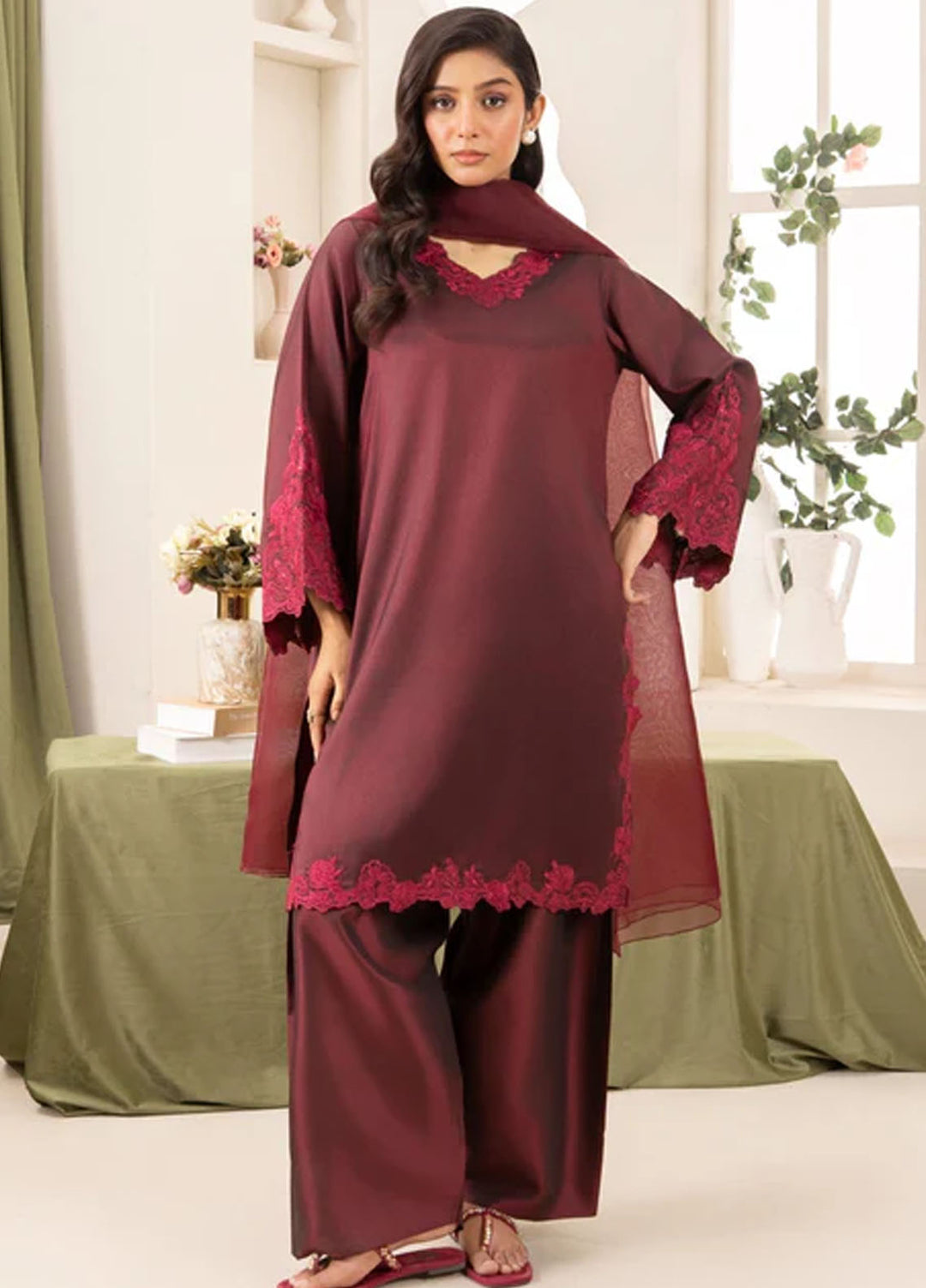 Naaz Couture Pret Embroidered Silk 3 Piece Suit Farshi-Dark Maroon