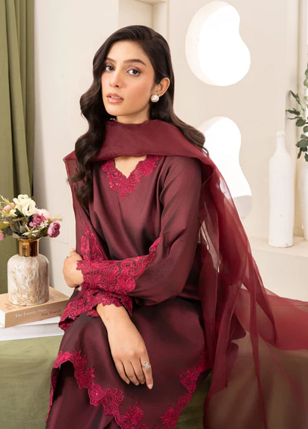 Naaz Couture Pret Embroidered Silk 3 Piece Suit Farshi-Dark Maroon