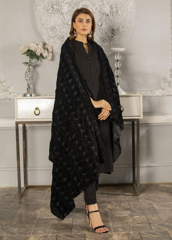 Naaz Couture  Velvet  Black Velvet Shawl With Black Schiffli Embroidery - Women Shawls