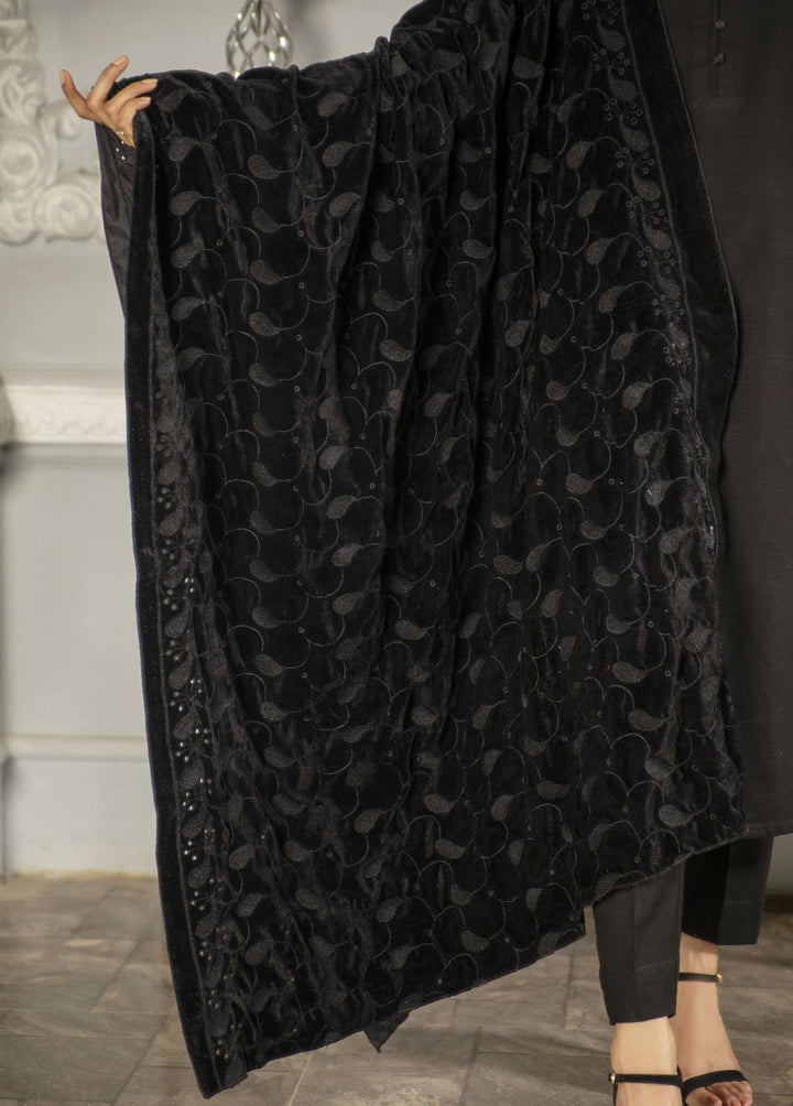 Naaz Couture  Velvet  Black Velvet Shawl With Black Schiffli Embroidery - Women Shawls