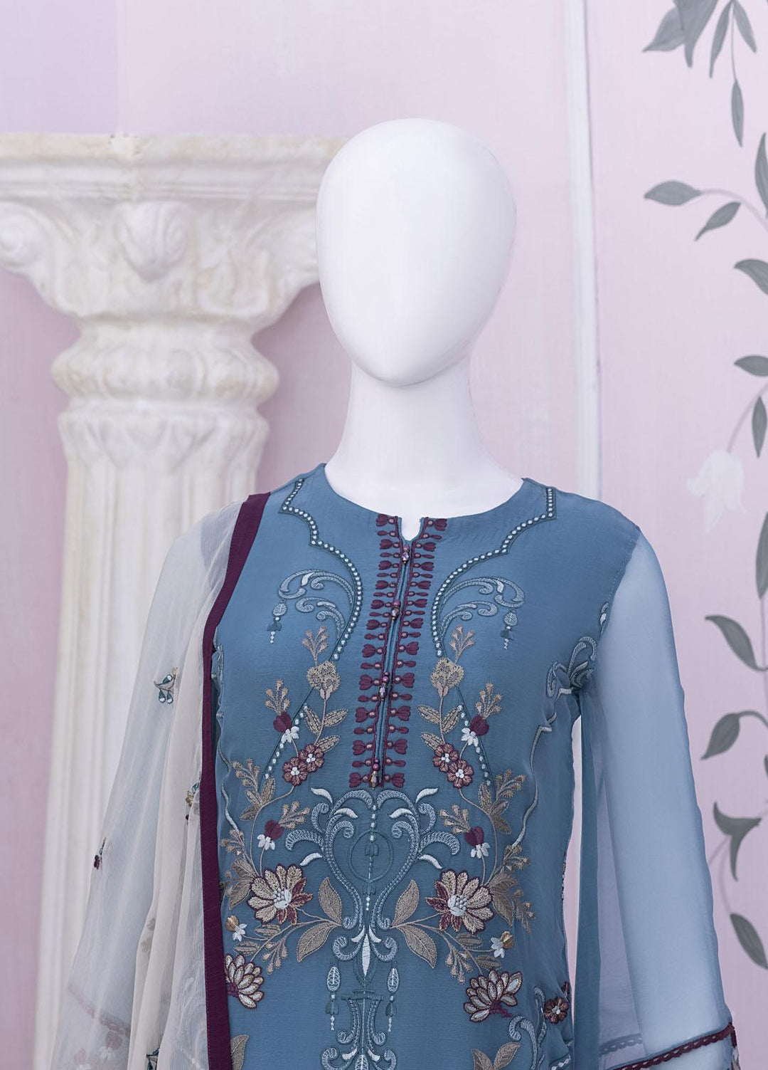 Flossie Embroidered Chiffon Suits Unstitched 3 Piece FS23NF N-808 Norsc Aqua - Festive Collection