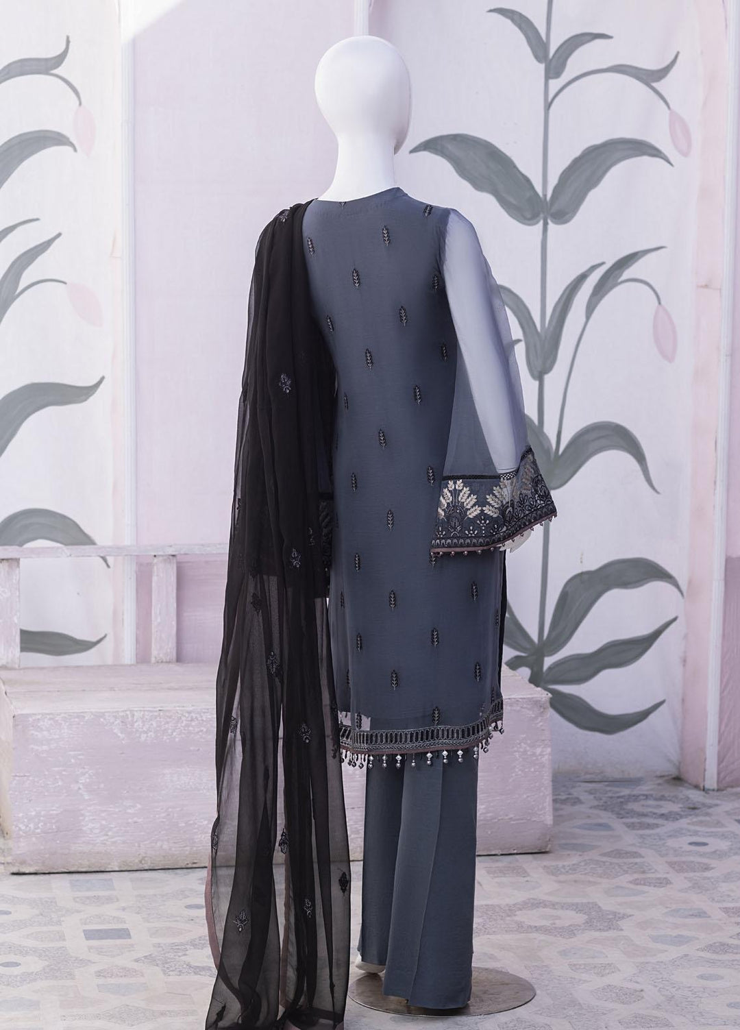Flossie Embroidered Chiffon Suits Unstitched 3 Piece FS23NF N-810 Vintage Indigo - Festive Collection