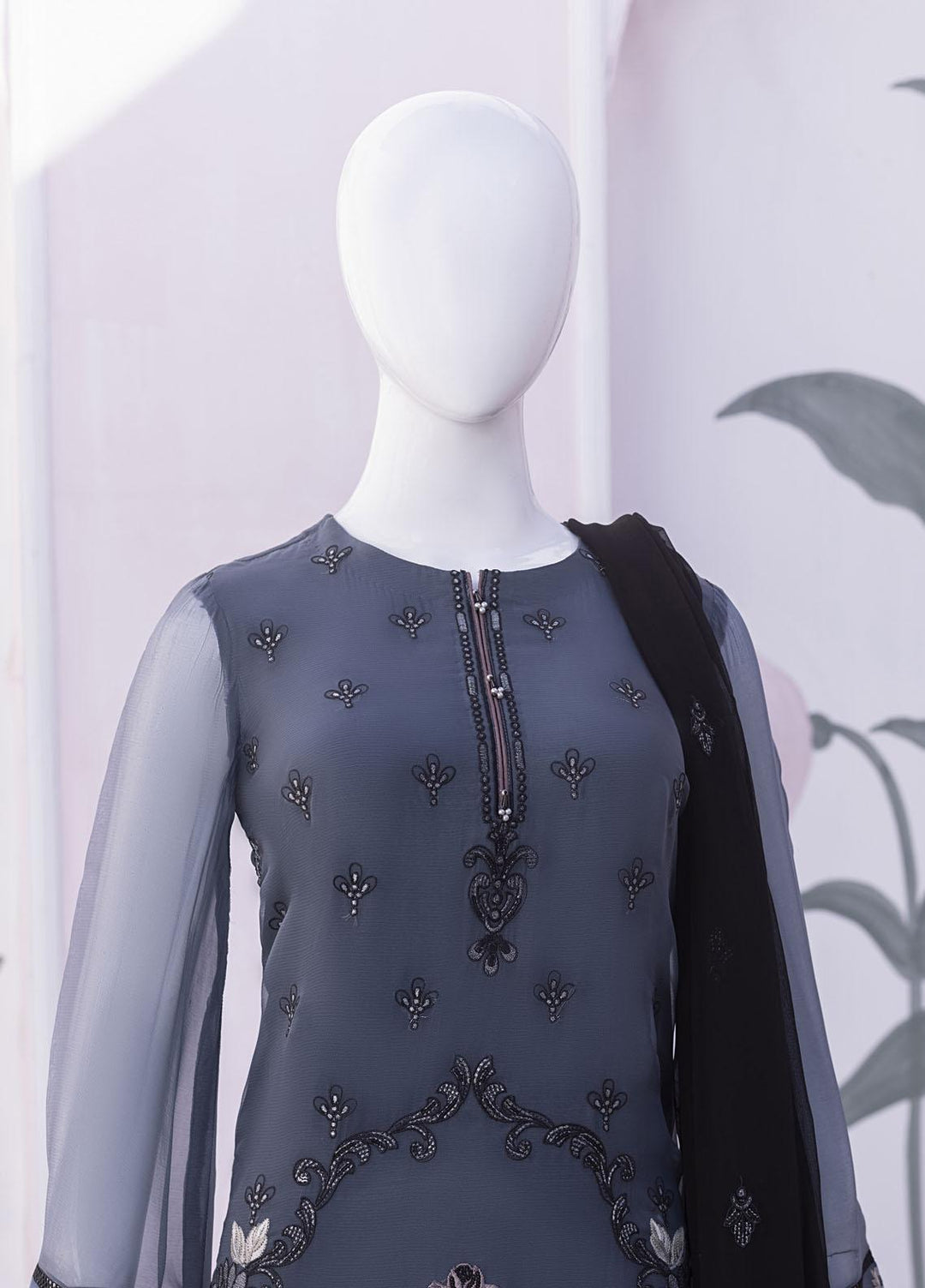 Flossie Embroidered Chiffon Suits Unstitched 3 Piece FS23NF N-810 Vintage Indigo - Festive Collection