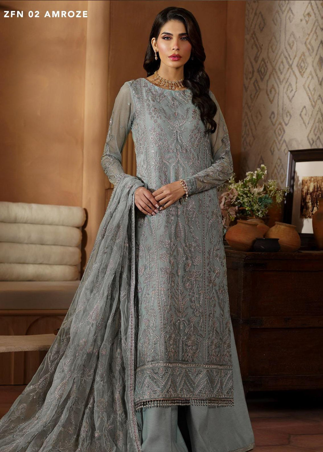 Nauroz By Zarif Embroidered Net Suits Unstitched 3 Piece ZF23NZ ZFN 02 Amroze - Festive Collection