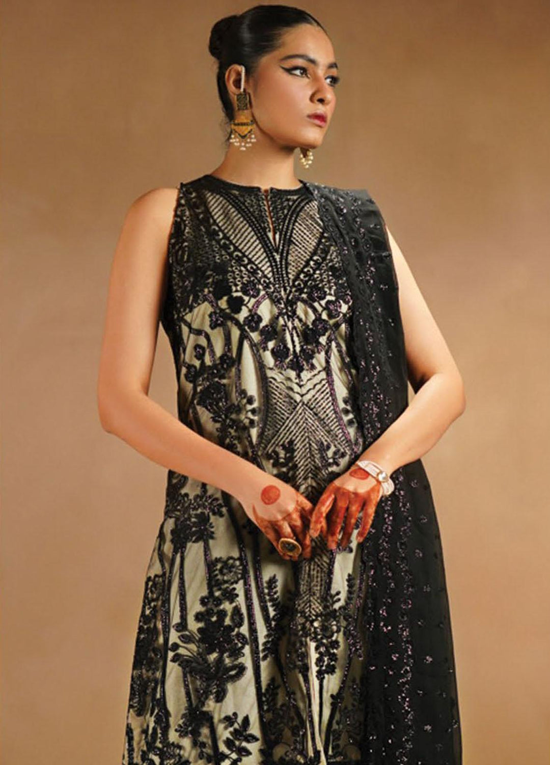 Nayab By Myeesha Embroidered Net Suits Unstitched 4 Piece MYA23N MF23-06 Siyaah - Festive Collection