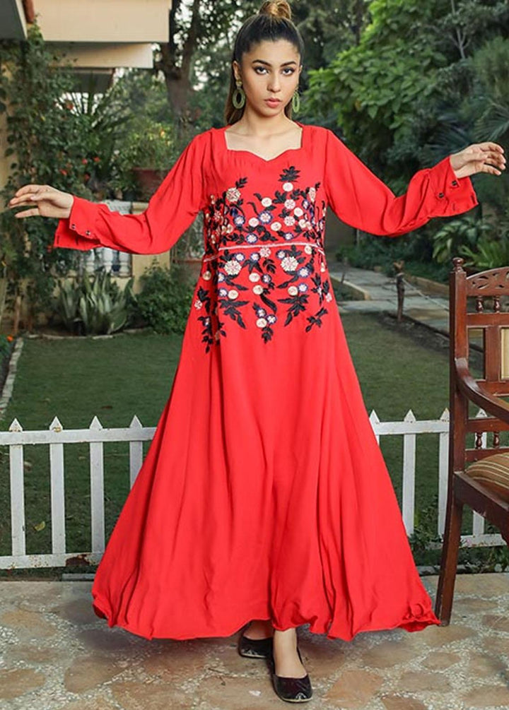 Nazmina Pret Embroidered Crepe Frock NZ23F NE-31 RUBY RED