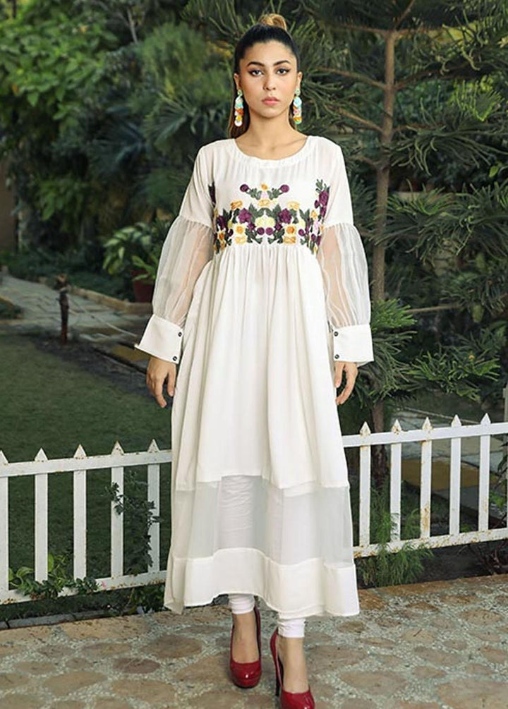 Nazmina Pret Embroidered Crepe Frock NZ23F NE-33 WHITE BASE FLORISTRY