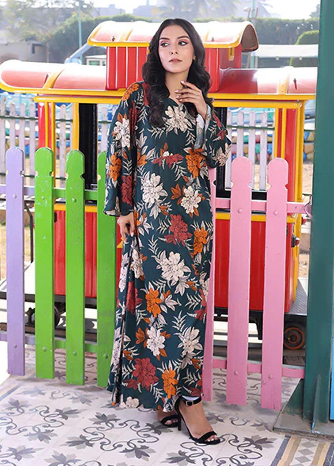 Nazmina Pret Printed Linen Frocks FR-713 Flint Bronze Dress