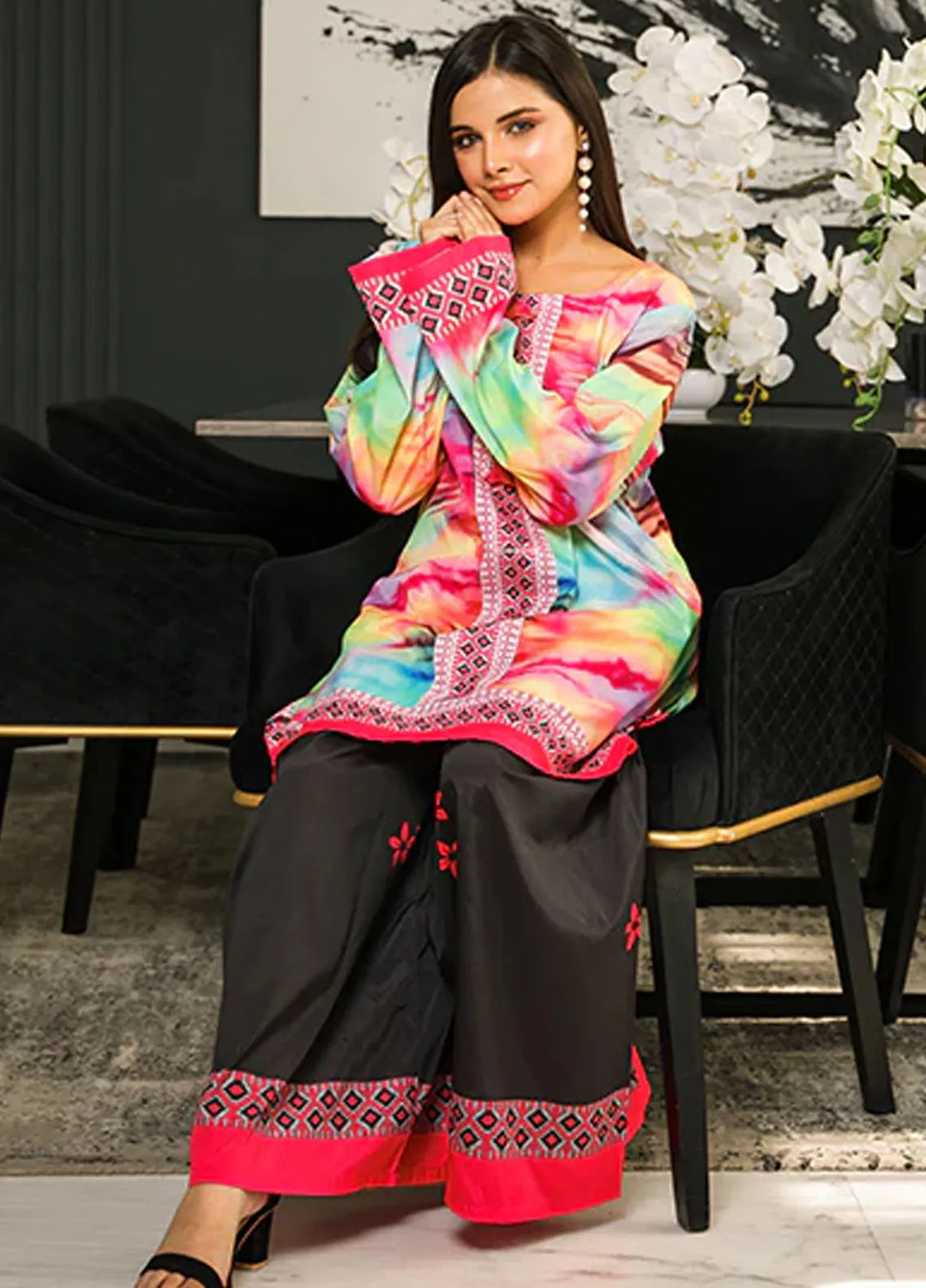 Nazmina Pret Printed Crepe 2 Piece Suit Solar Flare ZA-14