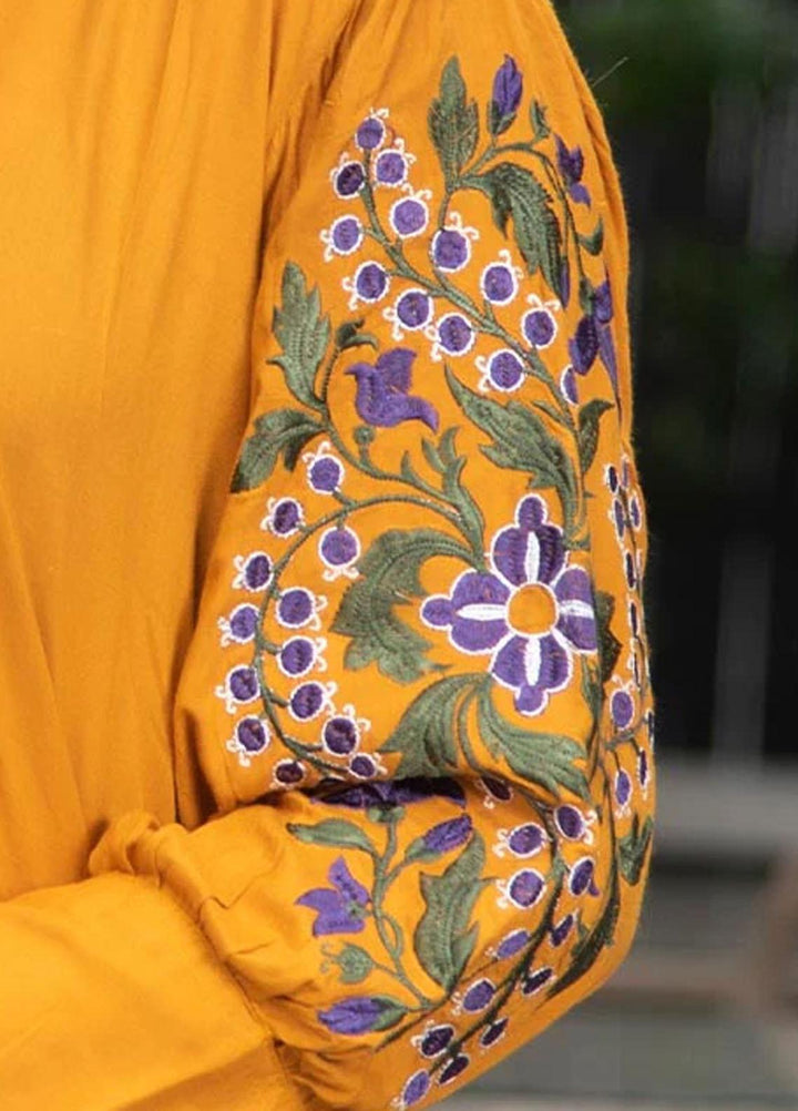 Nazmina Embroidered Casual Boski Shirt AB-509 Mustard With Embroidered Sleeves