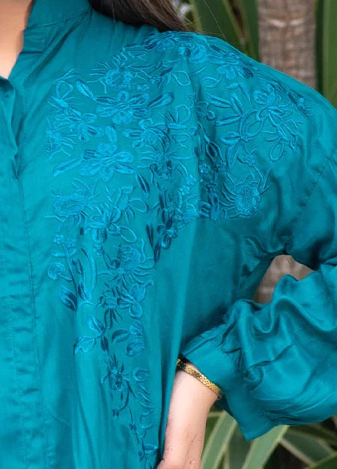Nazmina Embroidered Casual Boski Shirt AB-513 Baggy Sea Green With Embroidered