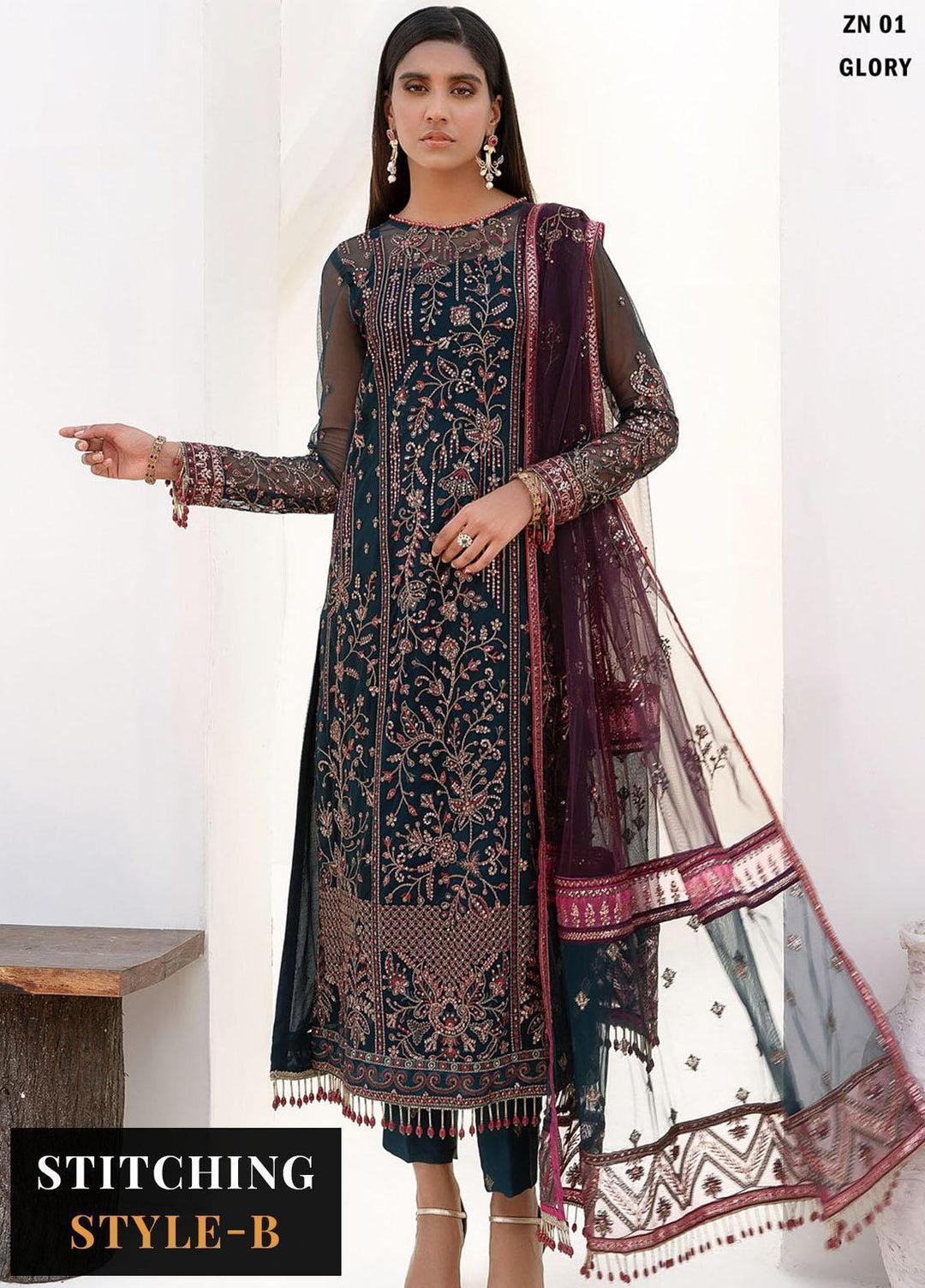 Nazneen By Zarif Embroidered Net Suits Unstitched 3 Piece ZF23N ZN 01 Glory - Luxury Formal Collection