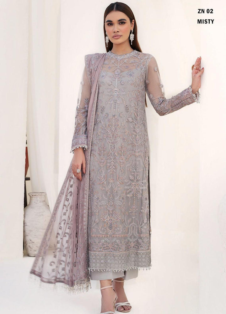 Nazneen By Zarif Embroidered Net Suits Unstitched 3 Piece ZR25UF ZN 02 Misty - Luxury Formal Collection