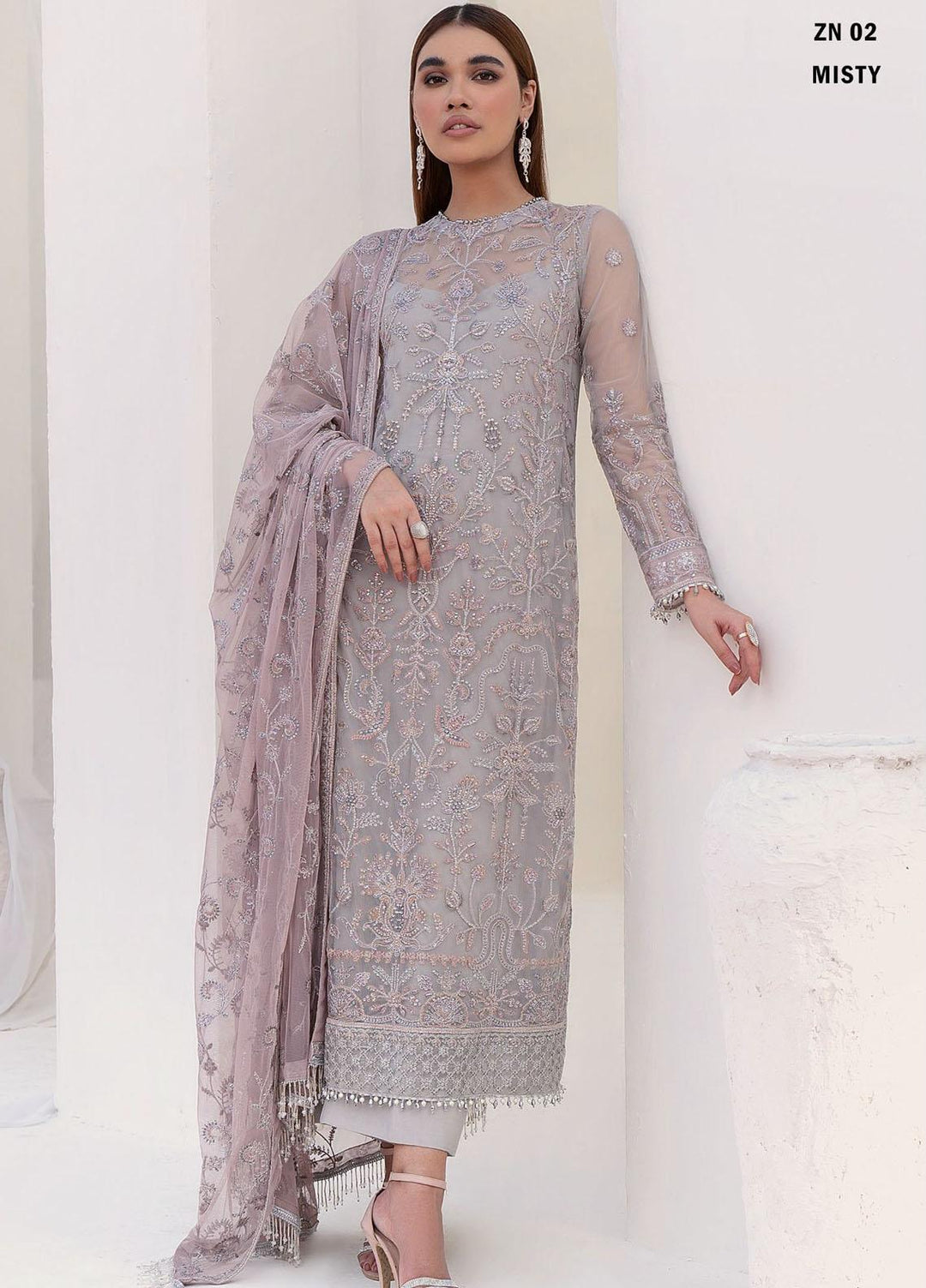 Nazneen By Zarif Embroidered Net Suits Unstitched 3 Piece ZF23N ZN 02 Misty - Luxury Formal Collection