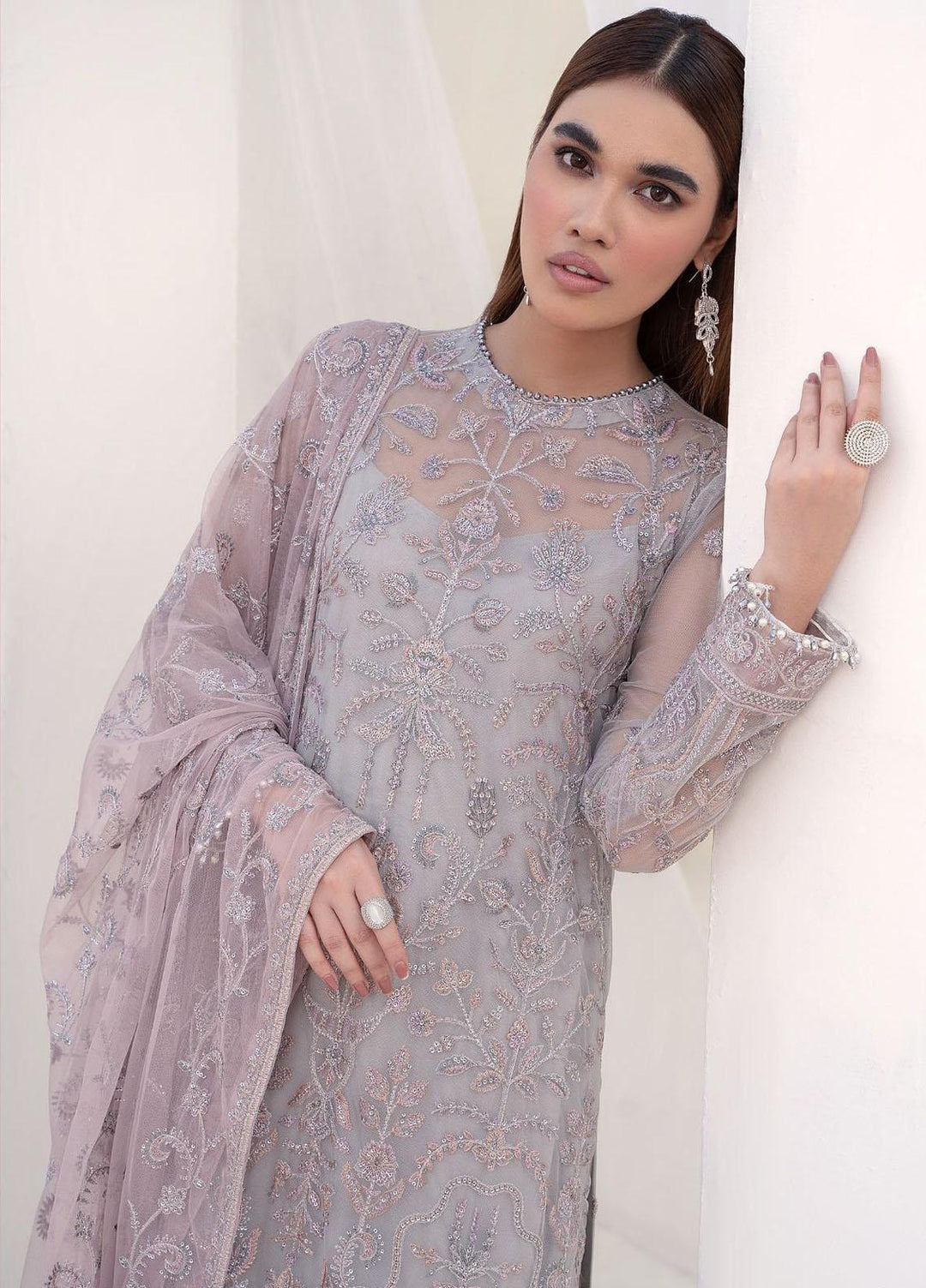 Nazneen By Zarif Embroidered Net Suits Unstitched 3 Piece ZR25UF ZN 02 Misty - Luxury Formal Collection