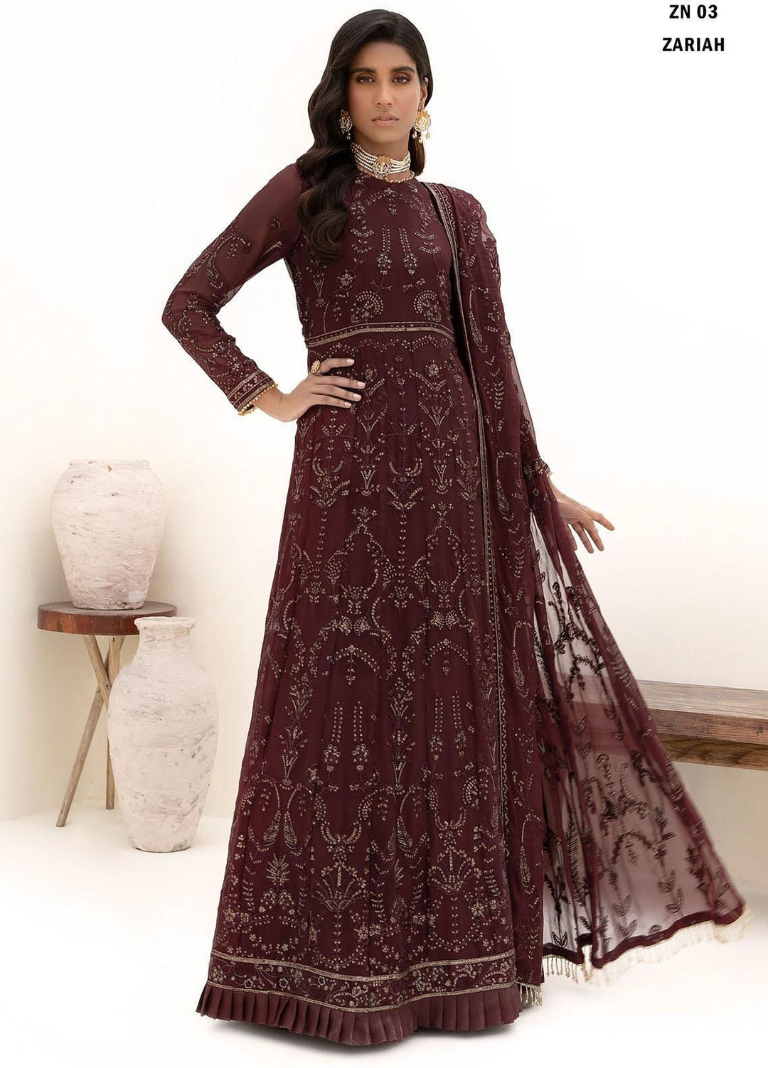 Nazneen By Zarif Embroidered Chiffon Suits Unstitched 3 Piece ZF23N ZN 03 Zariah - Luxury Formal Collection