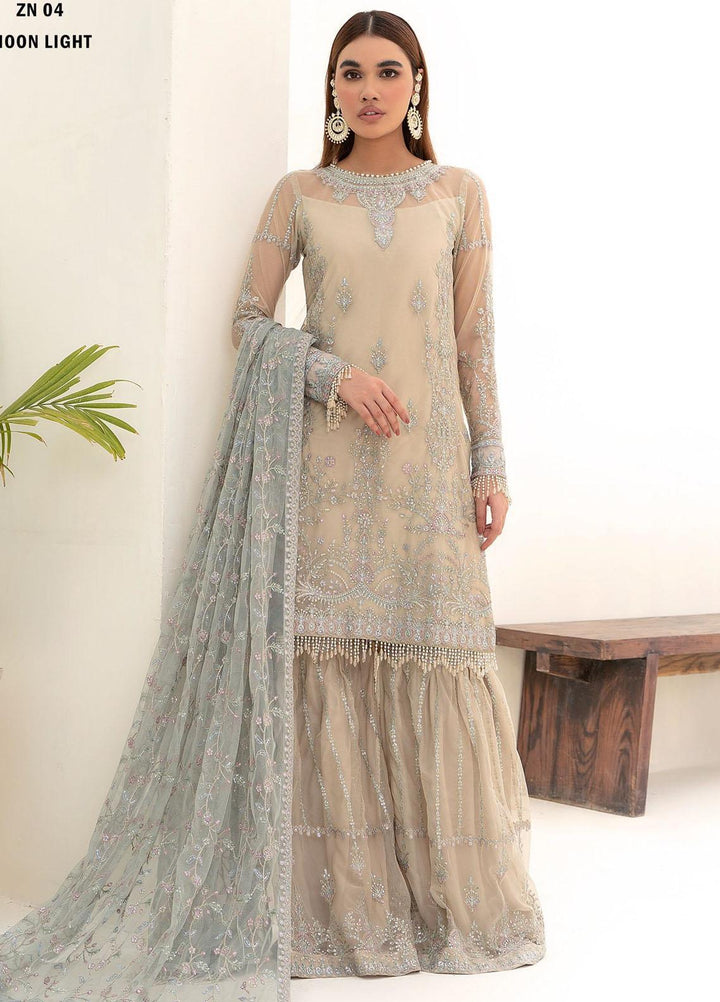 Nazneen By Zarif Embroidered Net Suits Unstitched 4 Piece ZF23N ZN 04 Moon Light - Luxury Formal Collection