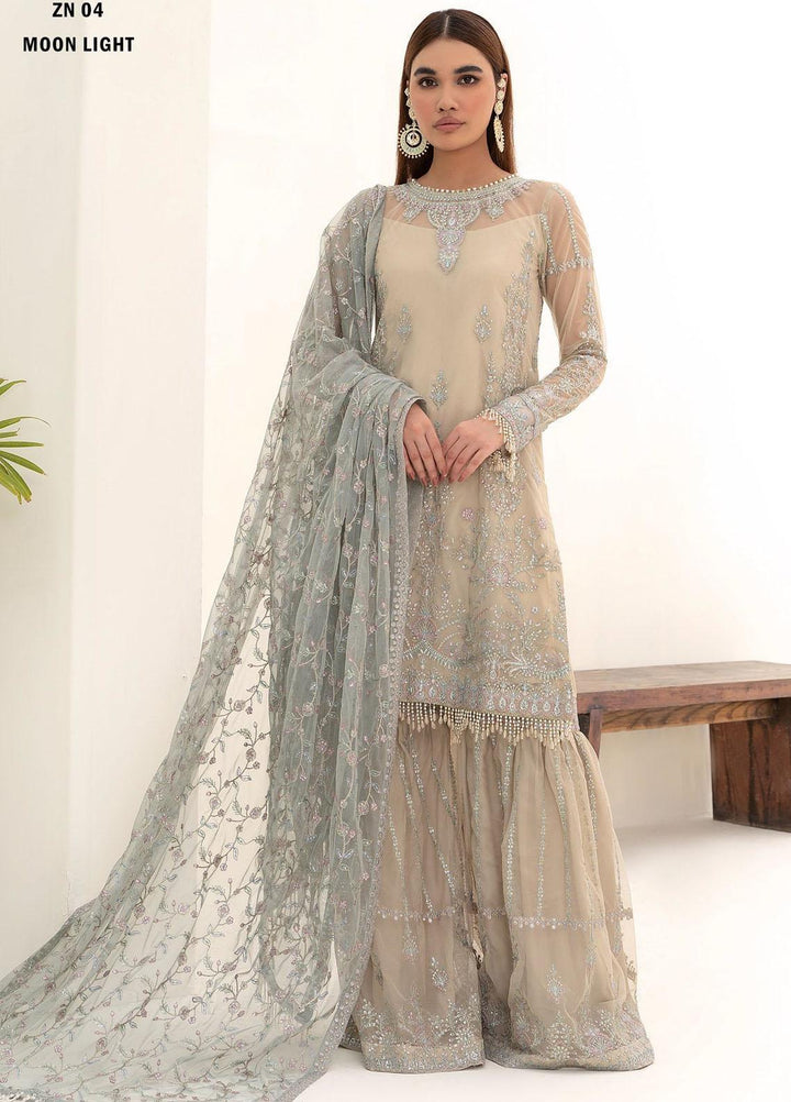 Nazneen By Zarif Embroidered Net Suits Unstitched 4 Piece ZF23N ZN 04 Moon Light - Luxury Formal Collection