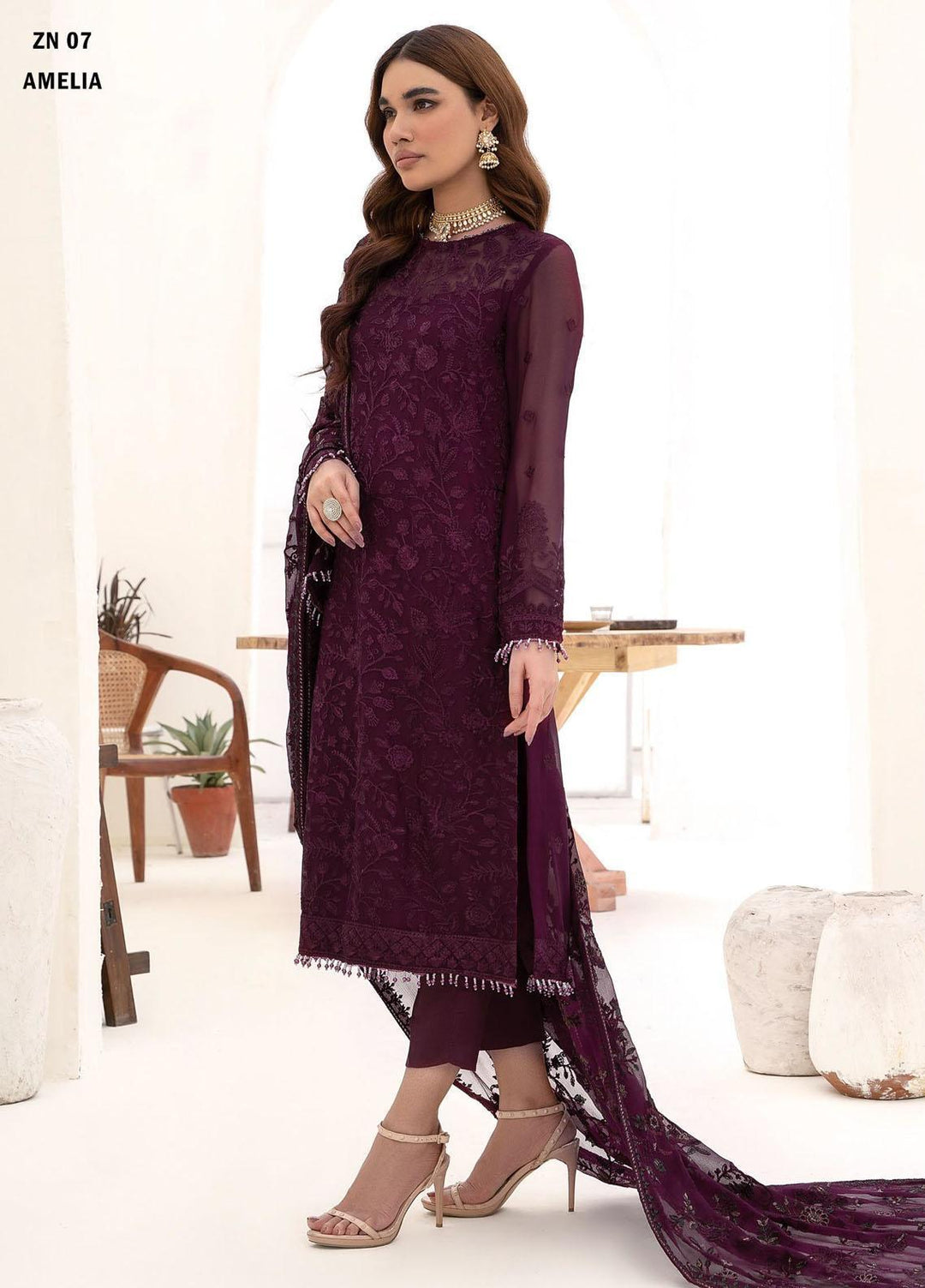 Nazneen By Zarif Embroidered Chiffon Suits Unstitched 3 Piece ZF23N ZN 07 Amelia - Luxury Formal Collection