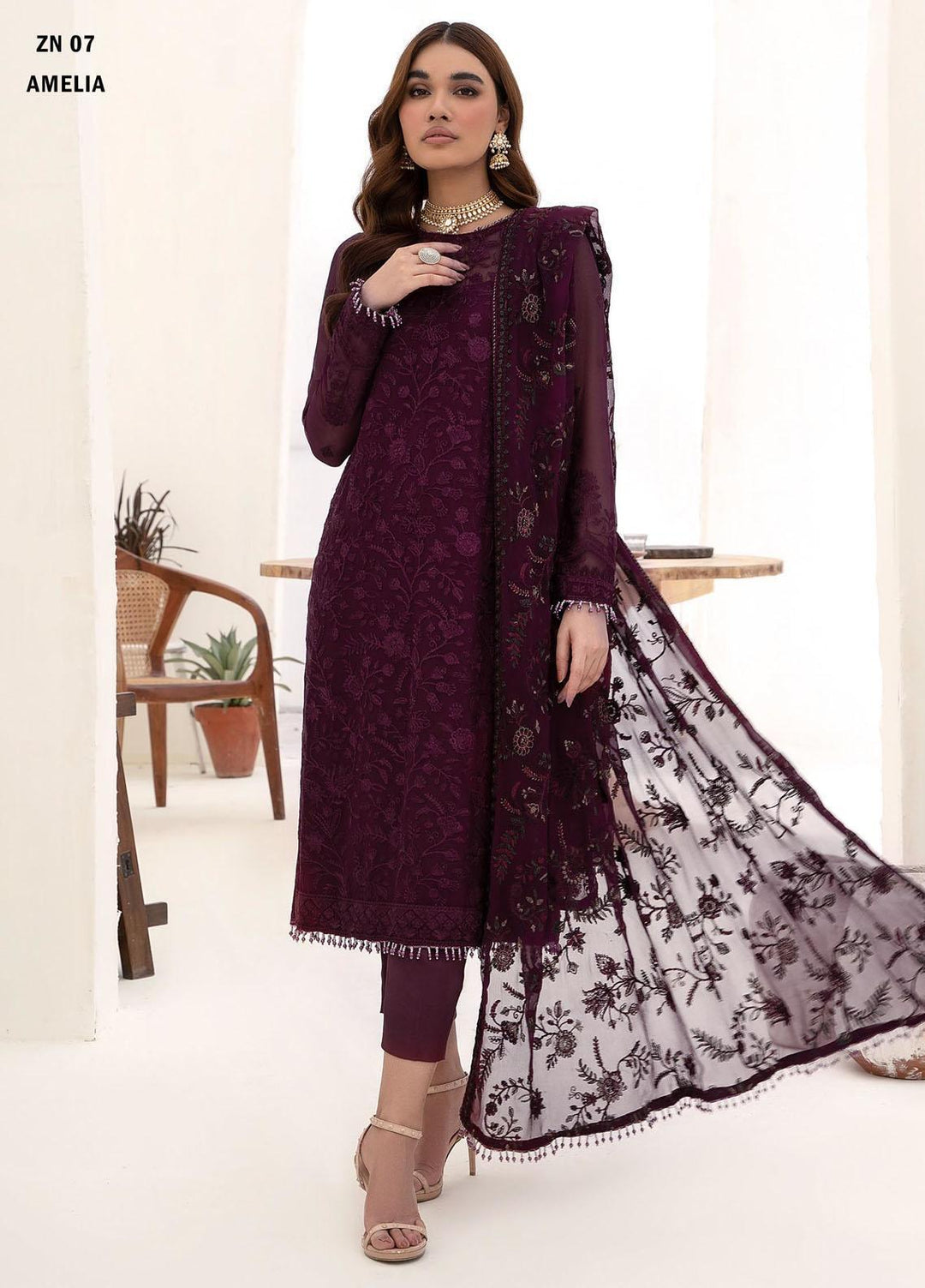 Nazneen By Zarif Embroidered Chiffon Suits Unstitched 3 Piece ZF23N ZN 07 Amelia - Luxury Formal Collection