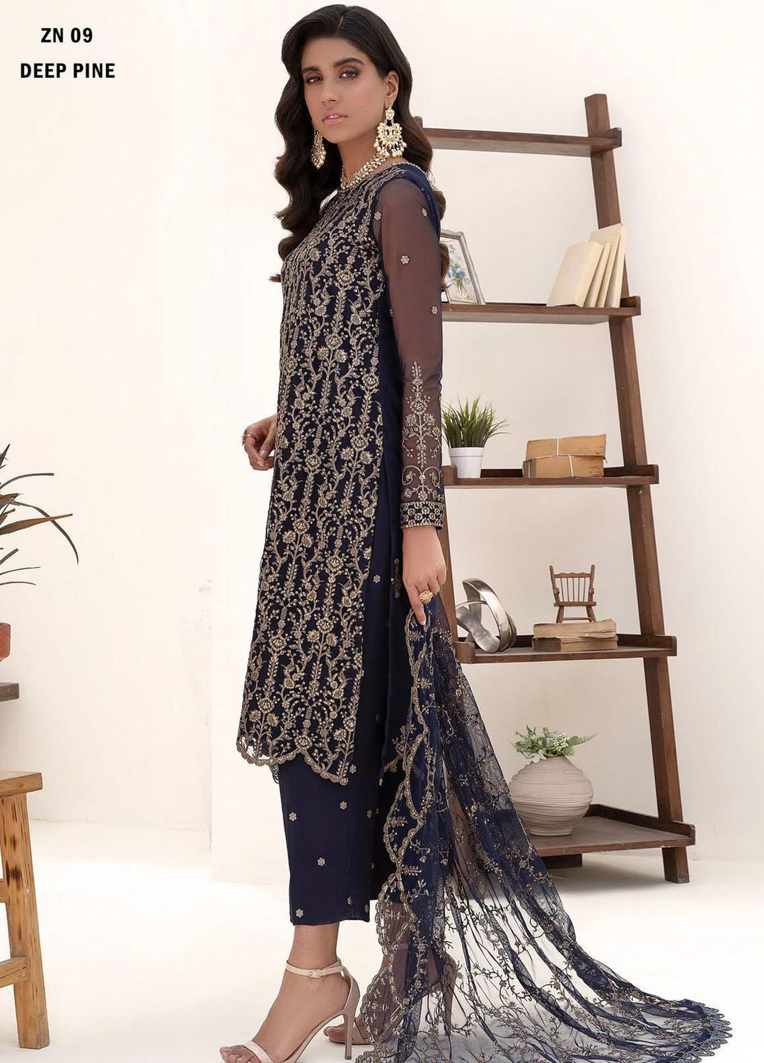 Nazneen By Zarif Embroidered Net Suits Unstitched 3 Piece ZF23N ZN 09 Deep Pine - Luxury Formal Collection