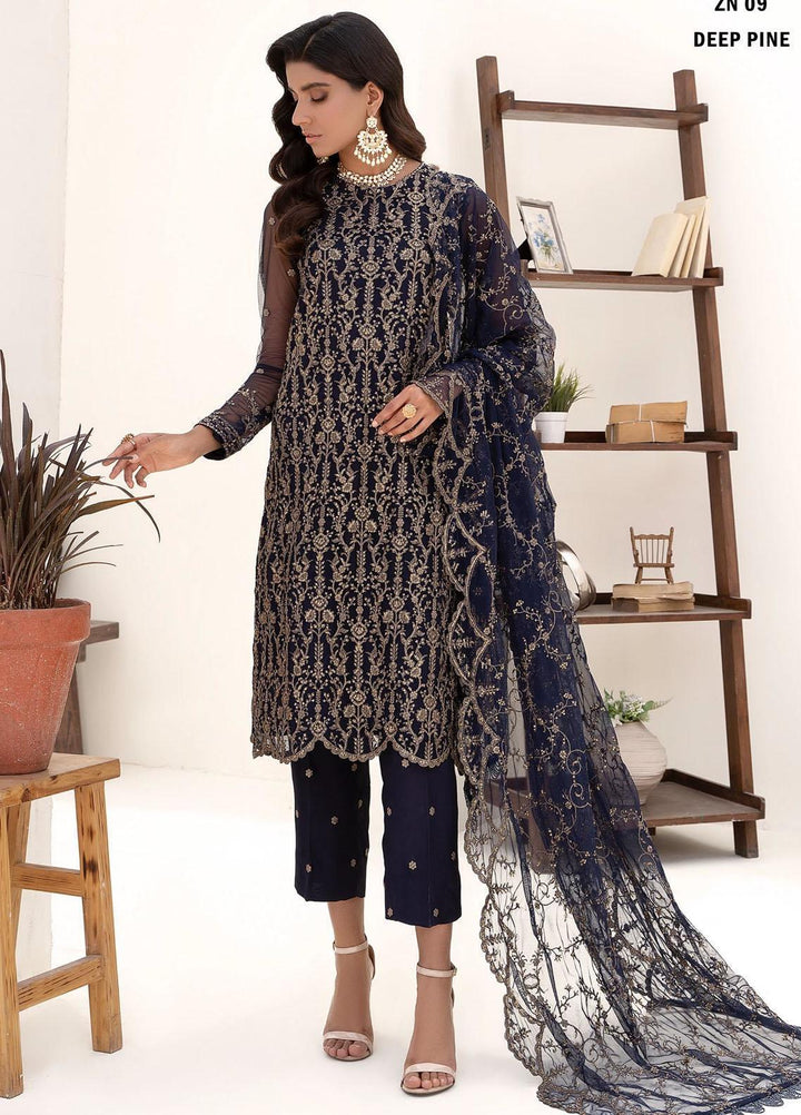 Nazneen By Zarif Embroidered Net Suits Unstitched 3 Piece ZF23N ZN 09 Deep Pine - Luxury Formal Collection