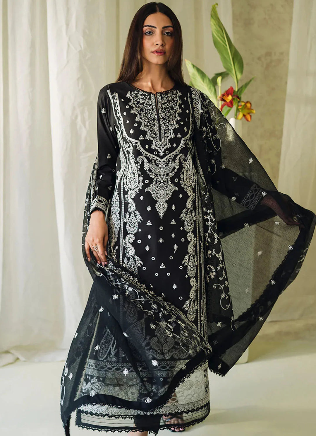 Neeshay Monochrome Embroidered Lawn Suit Unstitched 3 Piece NSH24M Elysian - Summer Collection