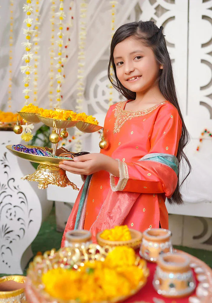 Ochre RTW Embroidered Cotton Silk Hand Adda Work Girls 3 Piece OFW-532 - Winter Collection