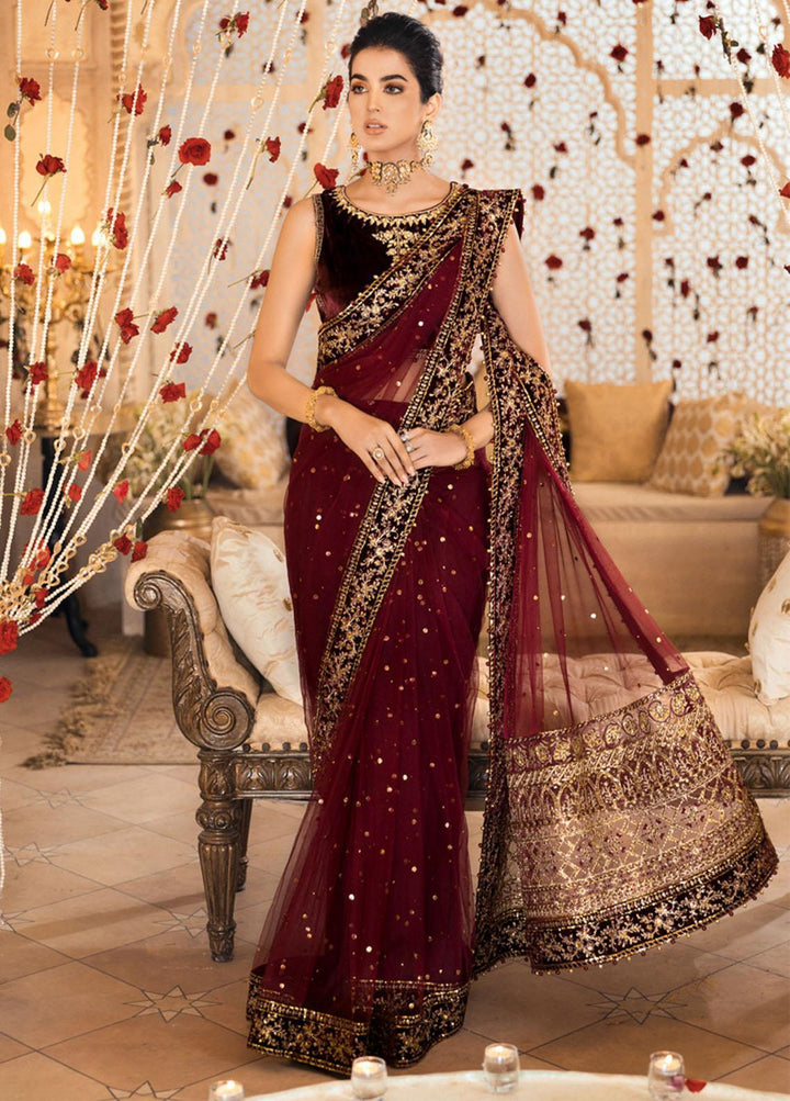 Noor by Saadia Asad Embroidered Velvet Saree Unstitched 3 Piece SA21WD D4 - Wedding Collection