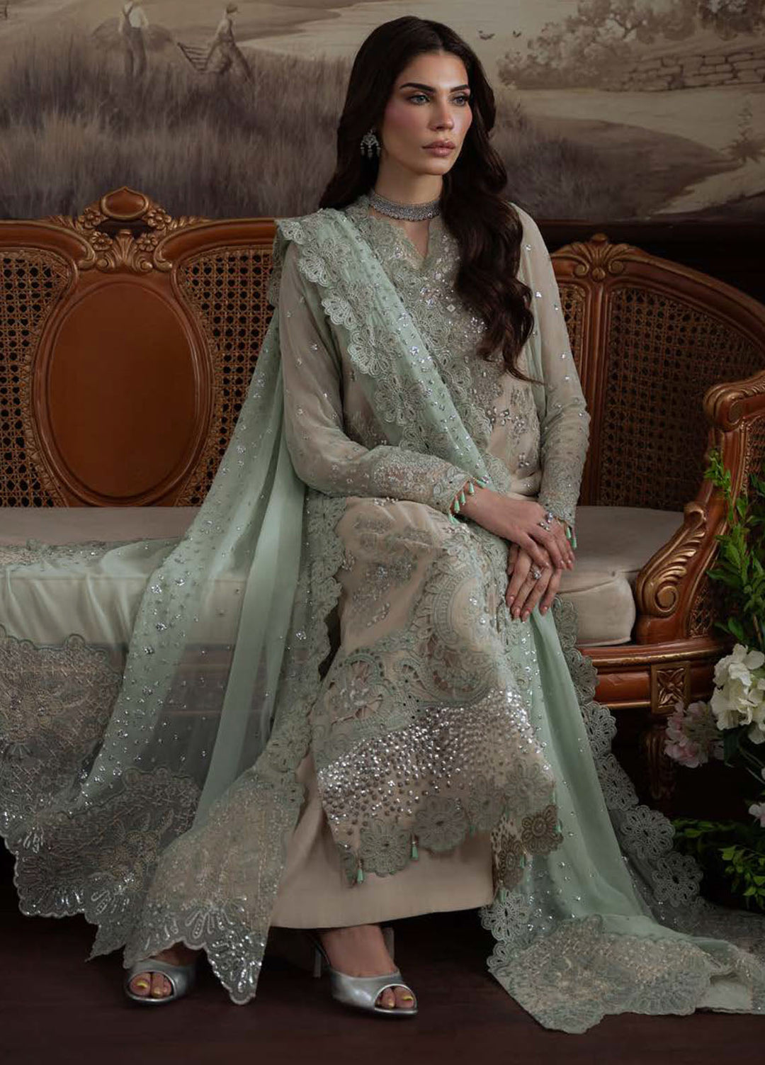 Nureh Embroidered Chiffon Suits Unstitched 4 Piece Suit NU25ELU NEL-73 - Luxury Collection