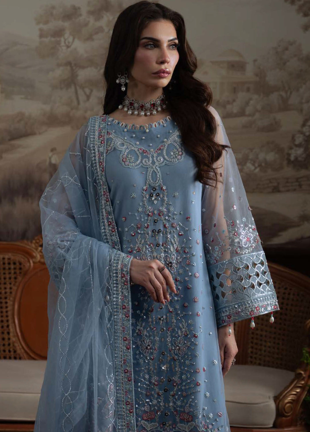 Nureh Embroidered Chiffon Suits Unstitched 4 Piece Suit NU25ELU NEL-74 - Luxury Collection