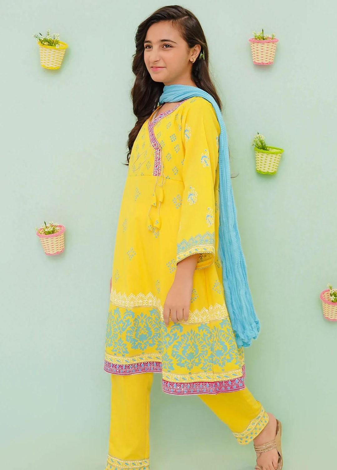 Ochre Cotton Printed 3 Piece Suit for Girls -  OFW-PC-07
