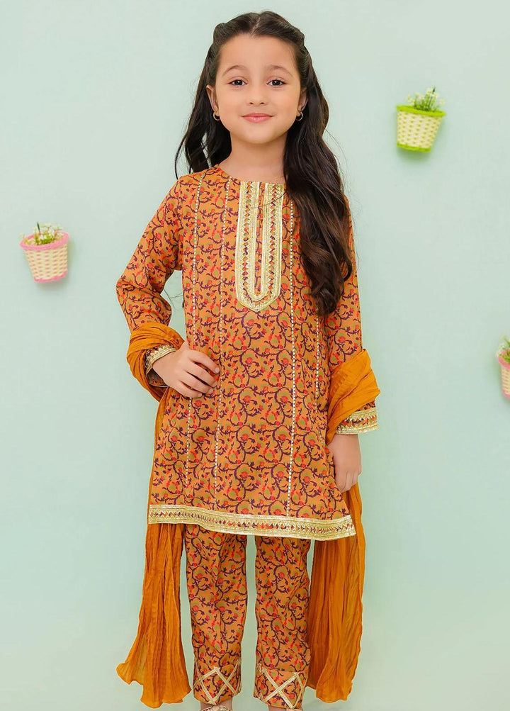Ochre Cotton Printed 3 Piece Suit for Girls -  OFW-PC-12