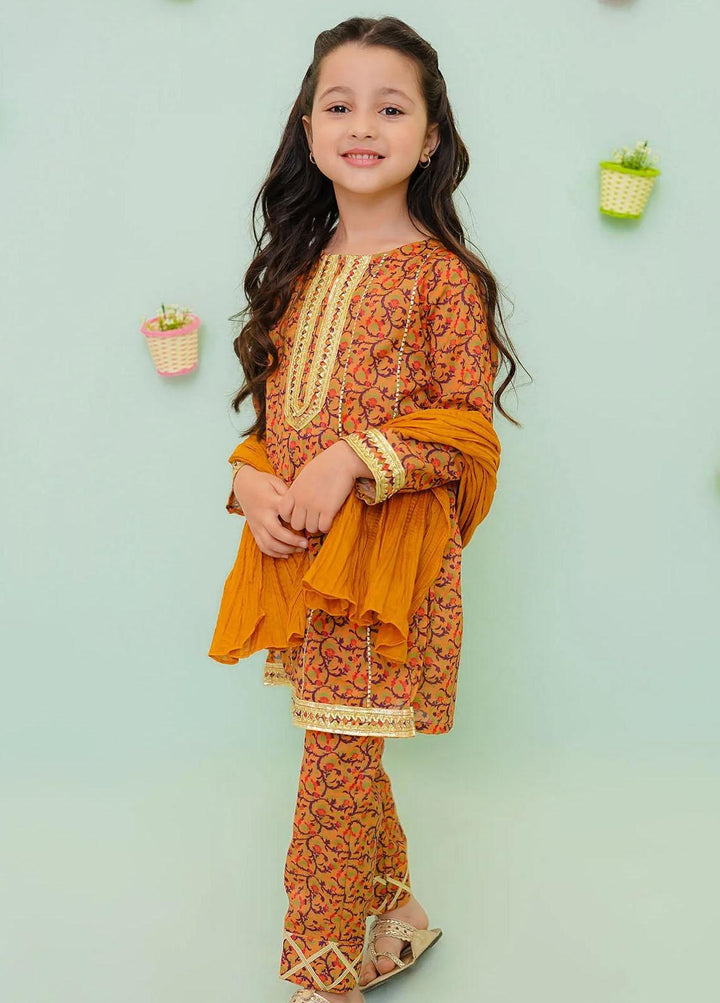 Ochre Cotton Printed 3 Piece Suit for Girls -  OFW-PC-12