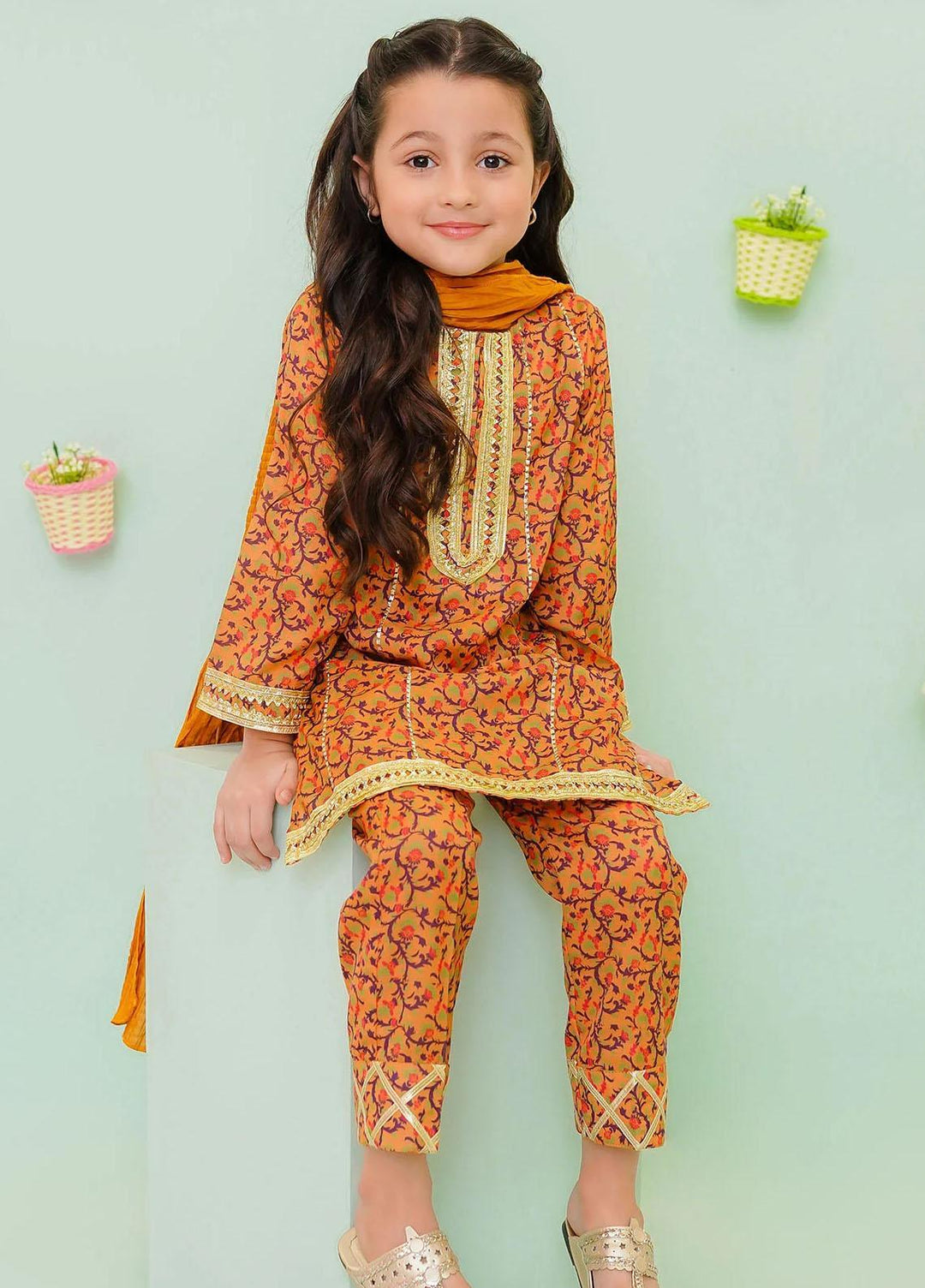 Ochre Cotton Printed 3 Piece Suit for Girls -  OFW-PC-12