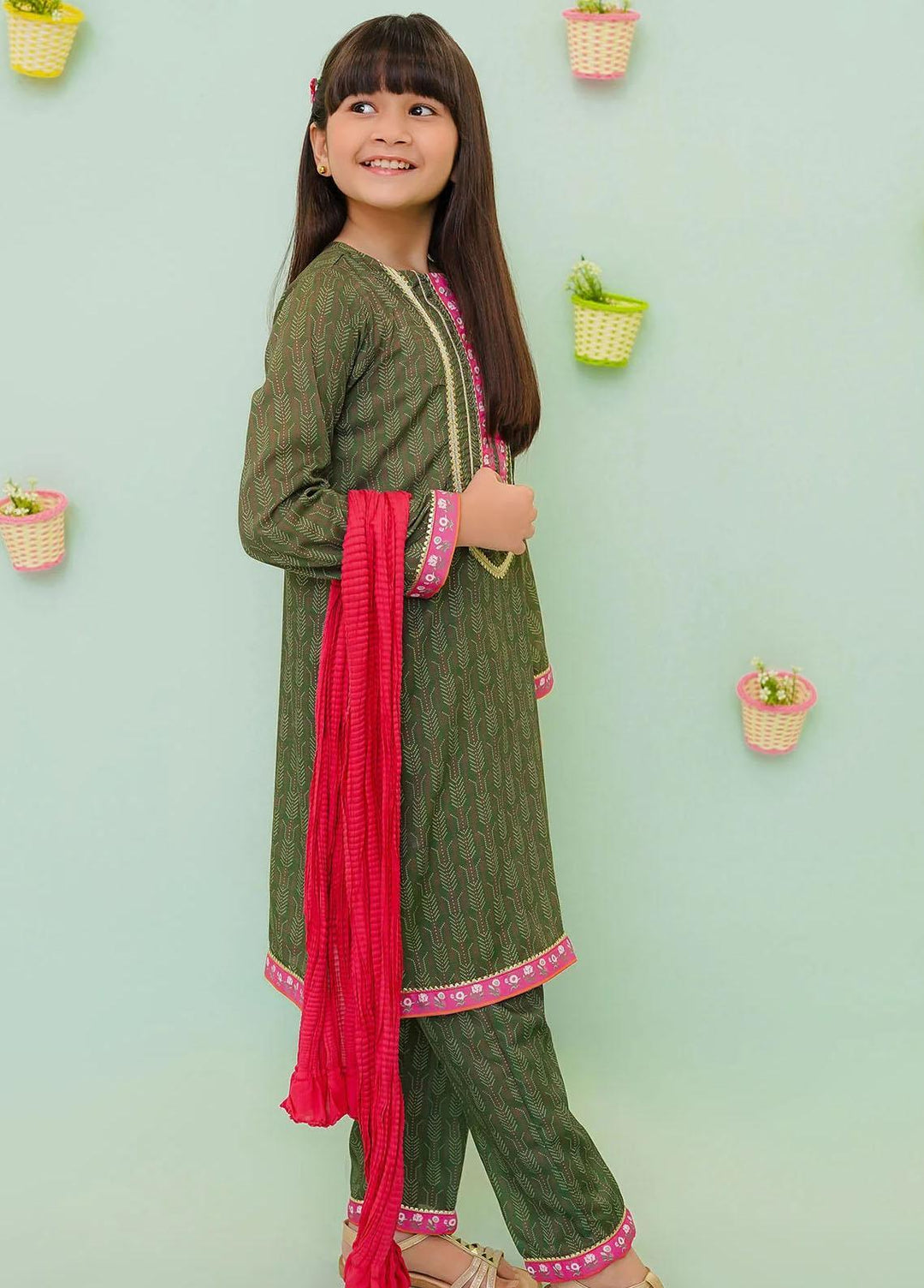 Ochre Cotton Printed 3 Piece Suit for Girls -  OFW-PC-14